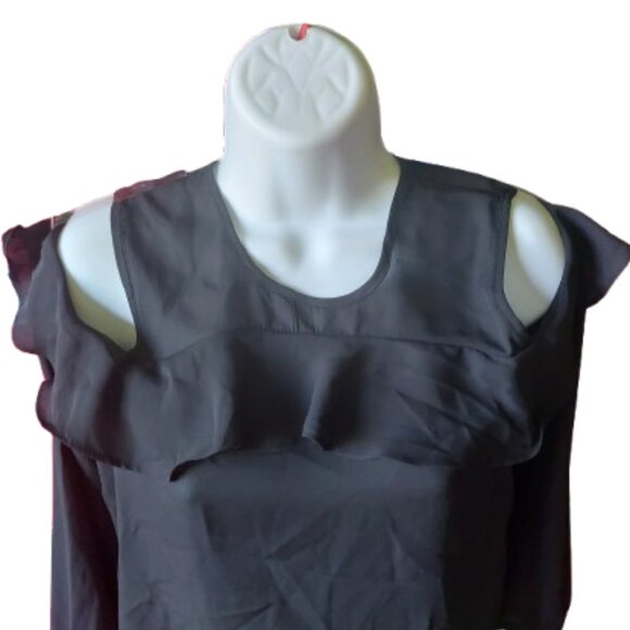 Long Sleeve Black Blouse Blousy Top with Shoulder Cut Outs Size Medium - Picture 2 of 5